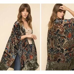 Mystree Olive Mix Velvet Kimono Whimsygoth Boho Crushed Velvet O/S Open Front